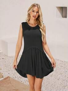 Nouvelle Robe Tricotée Ample, Color Block Col Rond Pour Femmes, Élégante Pour Le Printemps Et L'été - Noir - Voir 3