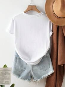 INAWLY Áo thun tay ngắn cổ tròn in chữ và trái tim cỡ lớn cho nữ mùa hè - trắng - Xem 2