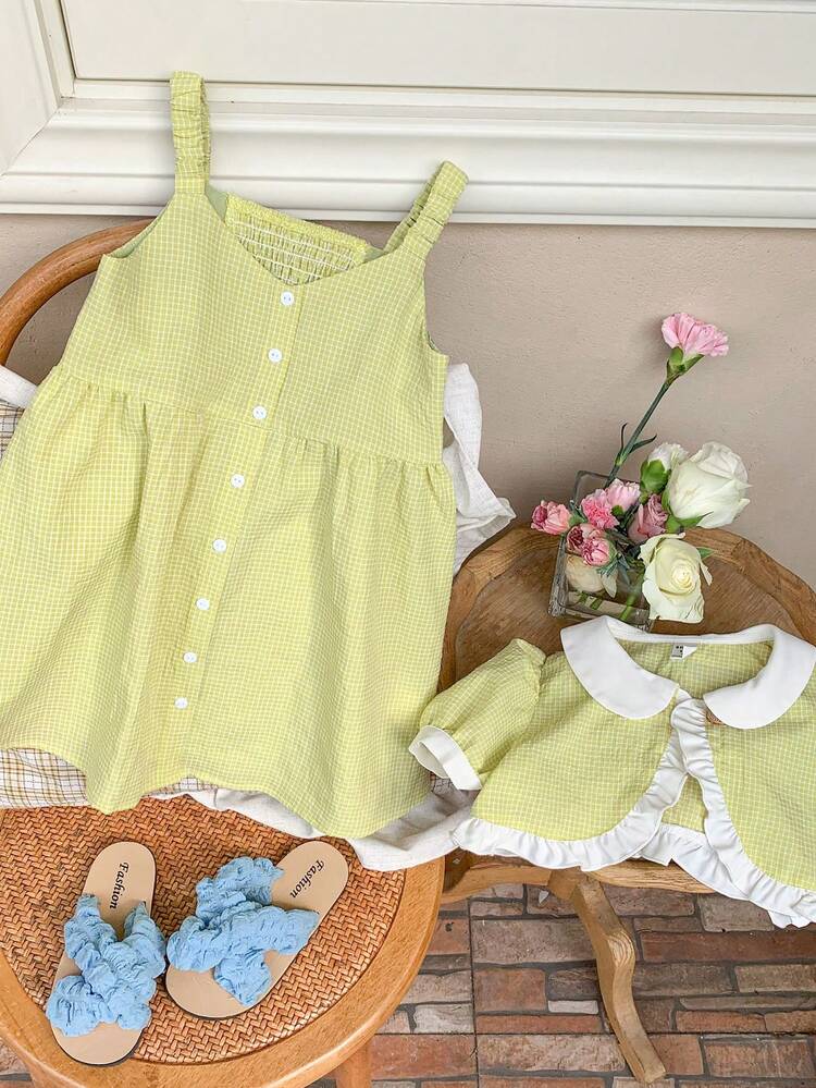 Young Girl's Casual Peter Pan Collar Shirt And Cami Bubble Skirt Dress 2pcs/Set