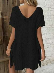 SHEIN Holidaya Black Top Vacation Cover Up Loose Casual Jacket Hollow Out Open Front Top For Summer - Black - View 2