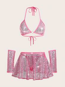 Contrast Sequin Ring Linked Lingerie Set With 1pair Oversleeves & Skirt - Pink - View 1