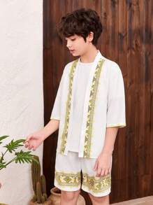SHEIN Conjunto De Camisa Y Pantalón Corto Para Niños Adolescentes Con Corte Holgado, Informal, Estampado De Cuello De Campamento, Tejido
