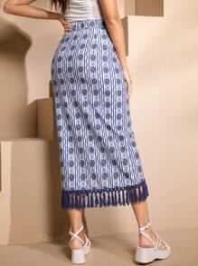 Seusyu Printed Fringe Decorated Straight Skirt - Blue - View 5