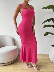 Chiquease 女性純色交叉背心連魚尾裙 - 玫紅色 - 查看 3