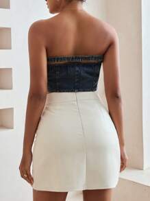 Aveloria Retro Style Zipper Detail Denim Bustier Top With Pearl Embellishments