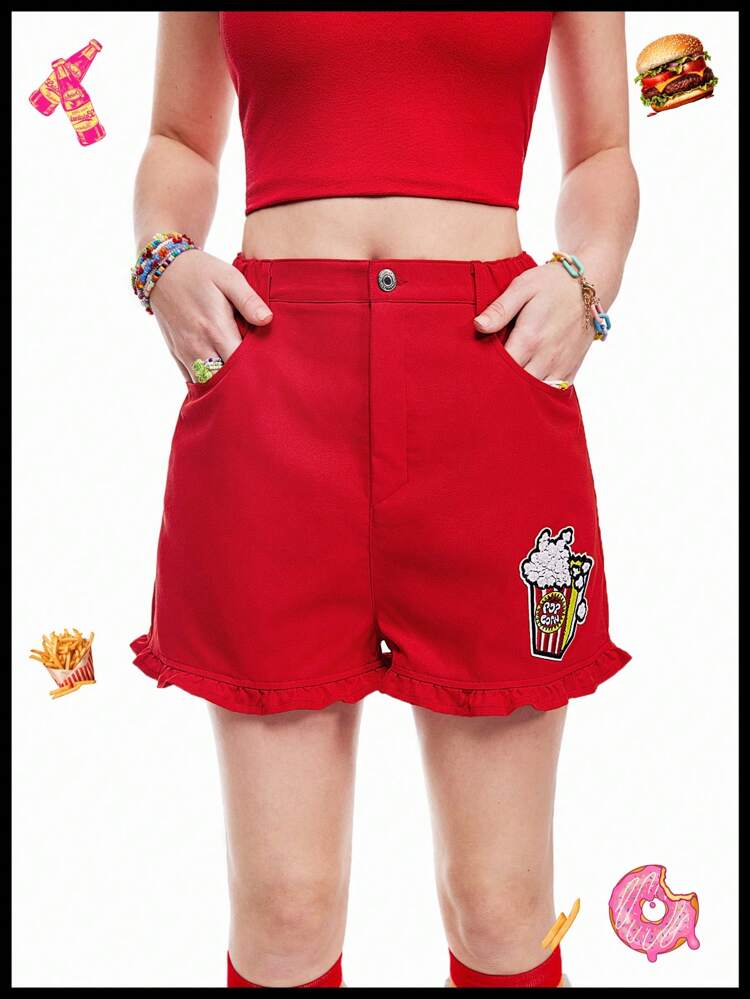 Tomato Girl Quirky Fun Dopamine Red Fungus-Trimmed Popcorn Pattern Women's Shorts
