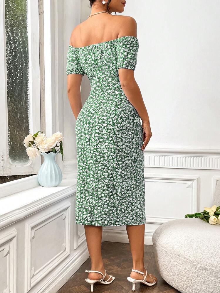 SHEIN Unity Vestido Floral Off-shoulder Com Fenda E Faixa Na Cintura - Verde - Visão 2