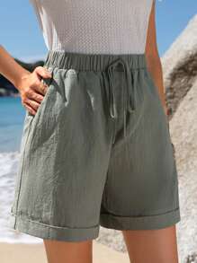 EMERY ROSE Pantalones cortos de verano verdes casuales de mujer de algodón con cintura elástica, dobladillo enrollado, bolsillo en ángulo