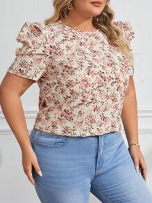 SHEIN Clasi Camisa de manga gigot con estampado floral pequeño para tallas grandes, para el verano