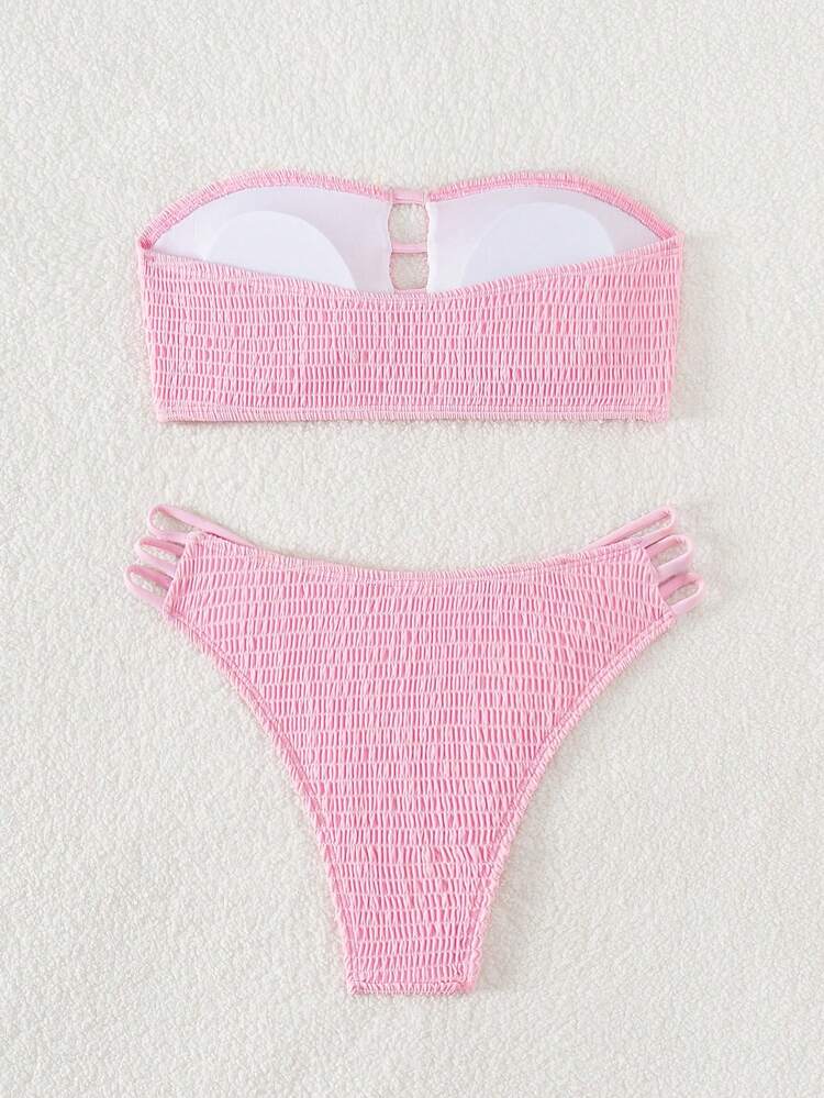 Solid Color Textured Hollow Out Bandeau Bikini Set Summer