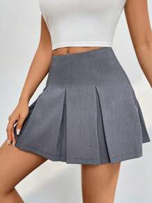 SHEIN PETITE 女士百褶裙，休闲百褶裙，拉链裙，常规版型，自然灰纯色女裙，春夏，日常休闲迷你裙 - 灰色 - 查看 6