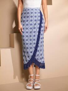 Seusyu Printed Fringe Decorated Straight Skirt - Blue - View 4