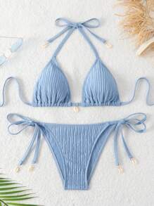 Swim Mod Conjunto de bikini de dos piezas con textura para playa de verano con cuello halter y lazo