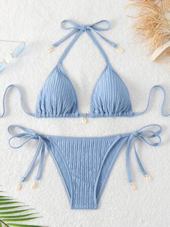 Swim Mod Zweiteiliges Bikini-Set mit Textur am Strand und Halter-Nackenbindung für den Sommer