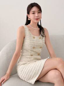 DAZY 腰部收紧无袖短款连衣裙 太阳裙 秋冬格子 - 杏色 - 查看 6