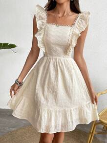 Solid Square Neck Ruffle Armhole Lace Trim Schiffy Dress - Apricot - View 6