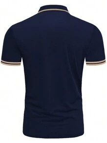 Manfinity Homme Camiseta Polo Impresa Con Ribete Color Block Y Logotipos Bordados Para Hombre - azul real - Ver 2