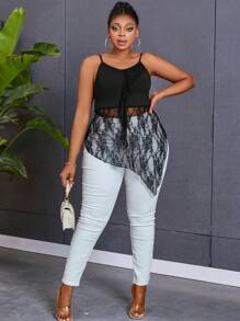 Maweii 大尺寸純色蕾絲拼接不對稱下擺背心上衣 - 黑色 - 查看 3