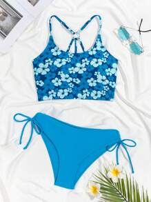 SHEIN Swim 夏季沙灘Y2k花卉拼接印花側拉繩背心泳裝套裝，2件式背心泳裝套裝 - 彩色 - 查看 6