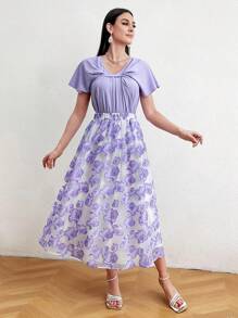 Modelyn 女式圆领褶裥蝙蝠袖上衣和花卉印花裙组合两件套 - 紫色 - 查看 4
