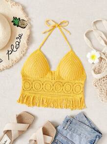 SHEIN Solid Fringed Hem Crop Halter Top Cover Up, For Summer, Beach, Vacation,Halter Tops - Yellow - View 1