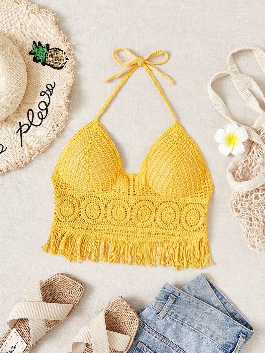 SHEIN Solid Fringed Hem Crop Halter Top Cover Up, For Summer, Beach, Vacation,Halter Tops - Yellow - View 1