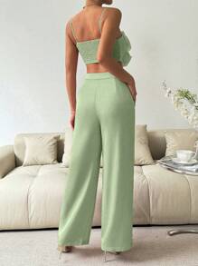 Zolique Flower Embroidery Strap Crop Top And Wide Leg Pants Set - Mint Green - View 2