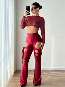 SHEIN ICON Women's Red  Concert Outfit Mesh Rhinestone Decorated See Through Transparent Cropped Long Sleeve Slim Fit Hyper Crop Top - Red - View 5