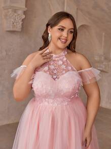 SHEIN Belle Plus Size Ladies Pink Princess Palace Style Off Shoulder Glitter 3d Floral Patchwork Tulle Sundress Short Homecoming Dresses Short Formal Dress Birthday Teens Dress Cocktail Dress Short Evening Dress - Pink - View 3