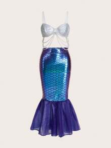 Holographic Fish Scale Print Pearls Beaded Mermaid Costume Set - Multicolor - View 1