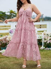 Celure Vestido de talla grande sin mangas con recorte y nudo en la espalda de unicolor - Rosa - Ver 1