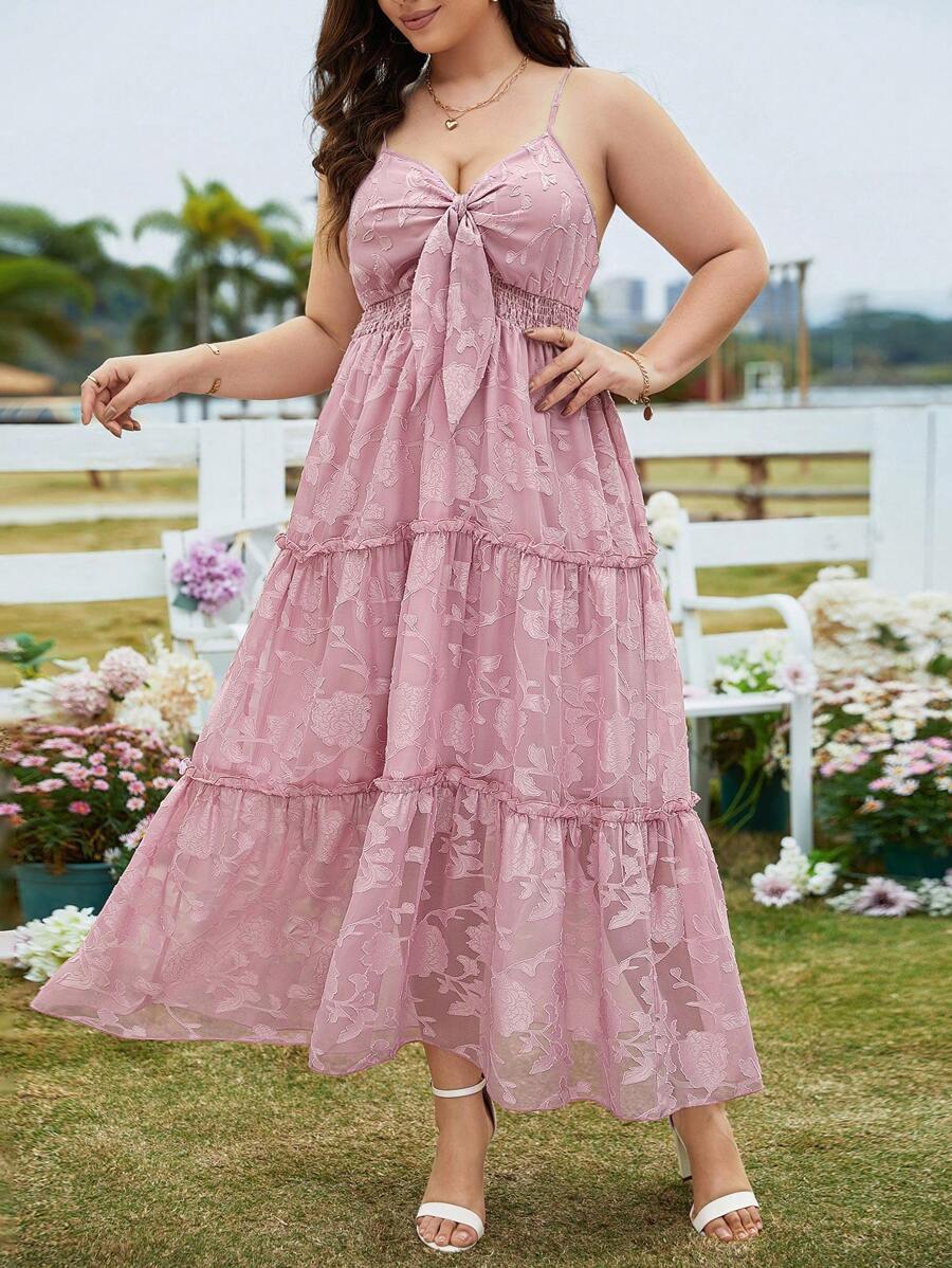 Celure Vestido de talla grande sin mangas con recorte y nudo en la espalda de unicolor - Rosa - Ver 1