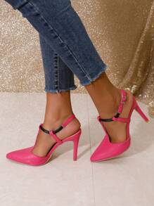 女士尖頭中空尖頭高跟鞋,純色 - 玫紅色 - 查看 4