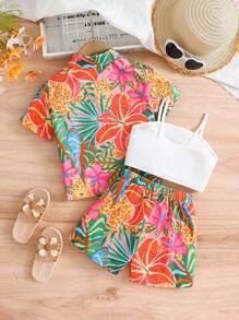 SHEIN Conjunto de tres piezas informal para niña joven con estampado tropical para vacaciones de verano - Multicolor - Ver 2