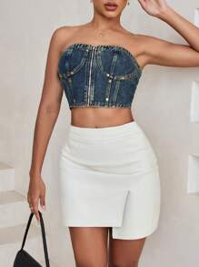 Aveloria Retro Style Zipper Detail Denim Bustier Top With Pearl Embellishments