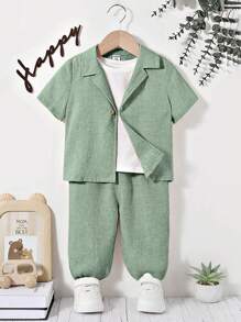 SHEIN Baby Boy Soft Lapel Collar Button Placket Shirt And Pants Two Pieces Set - Green - View 1