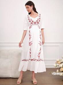 SHEIN Vestido Floral De Estilo Simples Para Maternidade - Branco - Visão 5