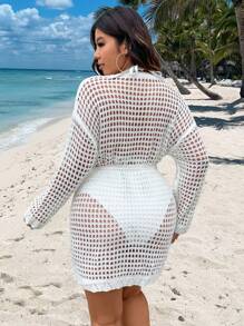 SHEIN Clasi Plus Size Women's Hollow Out Drop Shoulder Cardigan - White - View 2