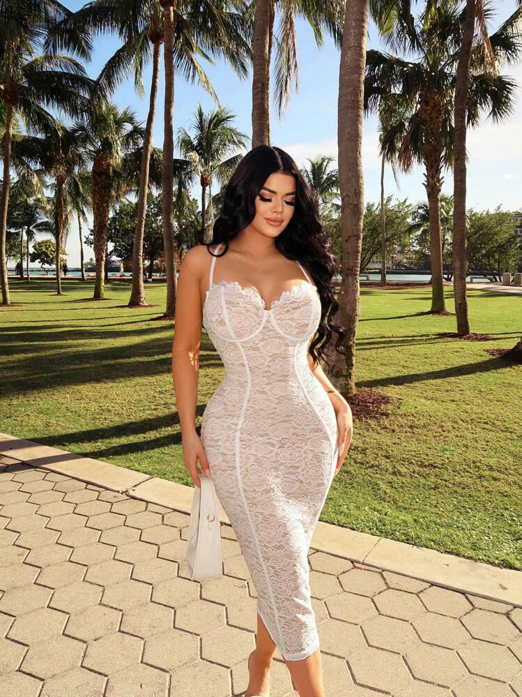 SHEIN SXY French Elegant White Lace Dress, White Formal Dress, Tight Corset  Dress With Spaghetti Straps | SHEIN USA