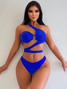 夏季海灘優雅性感單肩露肩比基尼套裝 - 藍色 - 查看 5