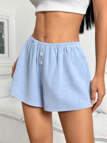 SHEIN EZwear 女士純色彈性腰短褲 - 藍色 - 查看 5