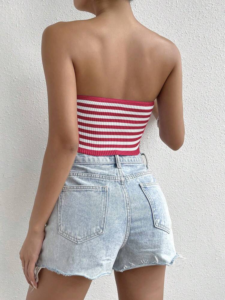 Women's Striped Twisted Knot Cut Out Strapless Knitted Top