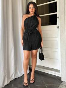 Aloruh Elegant Asymmetrical Neck Sleeveless Self Tie Romper