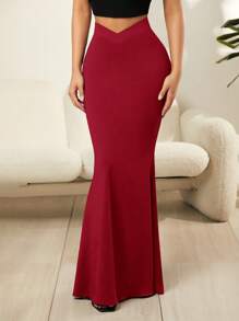 SHEIN SXY 純色v腰魚尾超長裙 - 酒紅色 - 查看 1