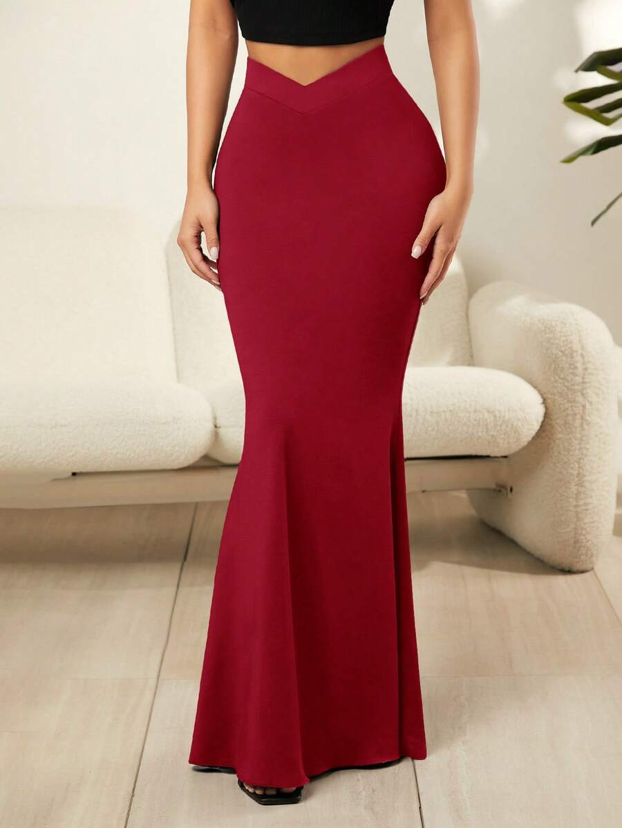 SHEIN SXY 純色v腰魚尾超長裙 - 酒紅色 - 查看 1