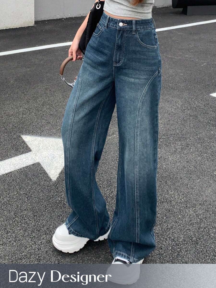 Dazy Designer Jeans De Diseño De Moda Lavados En Azul Para Mujeres - Azul lavado oscuro - Ver 1