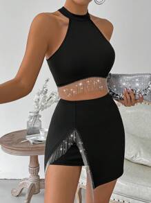 VaVaBold Top Corto De Lentejuelas Y Borlas Decorado Con Dobladillo Asimétrico Y Conjunto De Falda Entallada Al Cuerpo