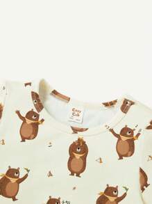 Cozy Pixies Conjunto de 2 piezas para bebé niño con parte superior de manga corta cuello redondo con estampado de oso de dibujos animados y shorts deportivos informales
