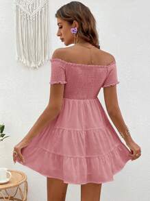 SHEIN VCAY Off Shoulder Ruffle Hem Solid Summer Dress - Pink - View 2
