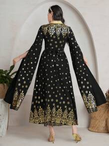 Al Najma V 领开衩下摆长裙简约时尚日常休闲 - 黑色 - 查看 2